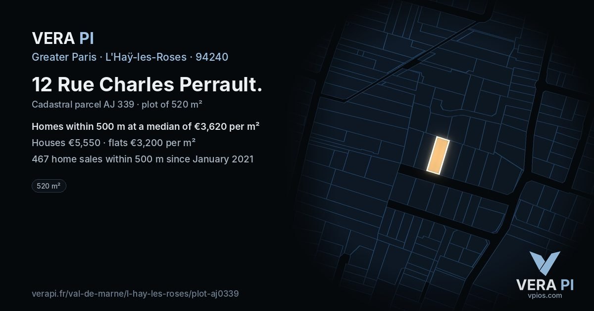 12 Rue Charles Perrault, L'Haÿ-les-Roses at night – the plot lit, the parcels around coloured by the prices near them