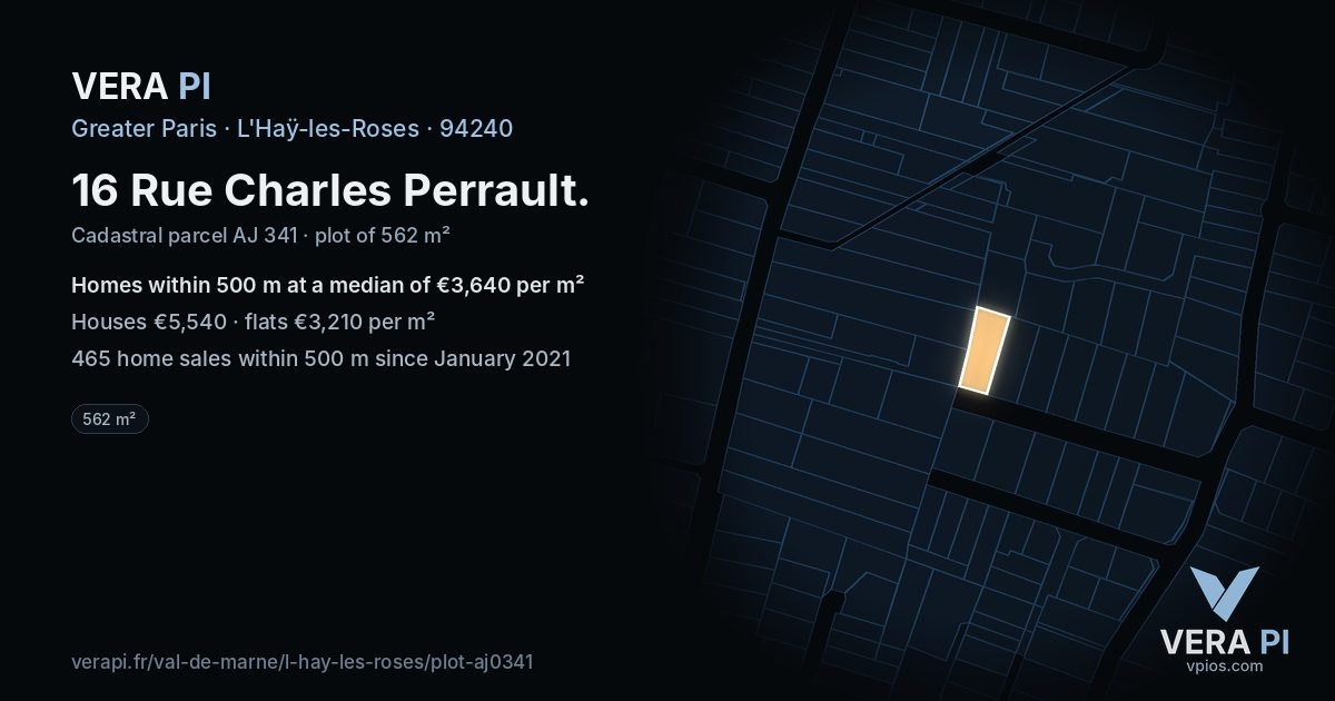 16 Rue Charles Perrault, L'Haÿ-les-Roses at night – the plot lit, the parcels around coloured by the prices near them