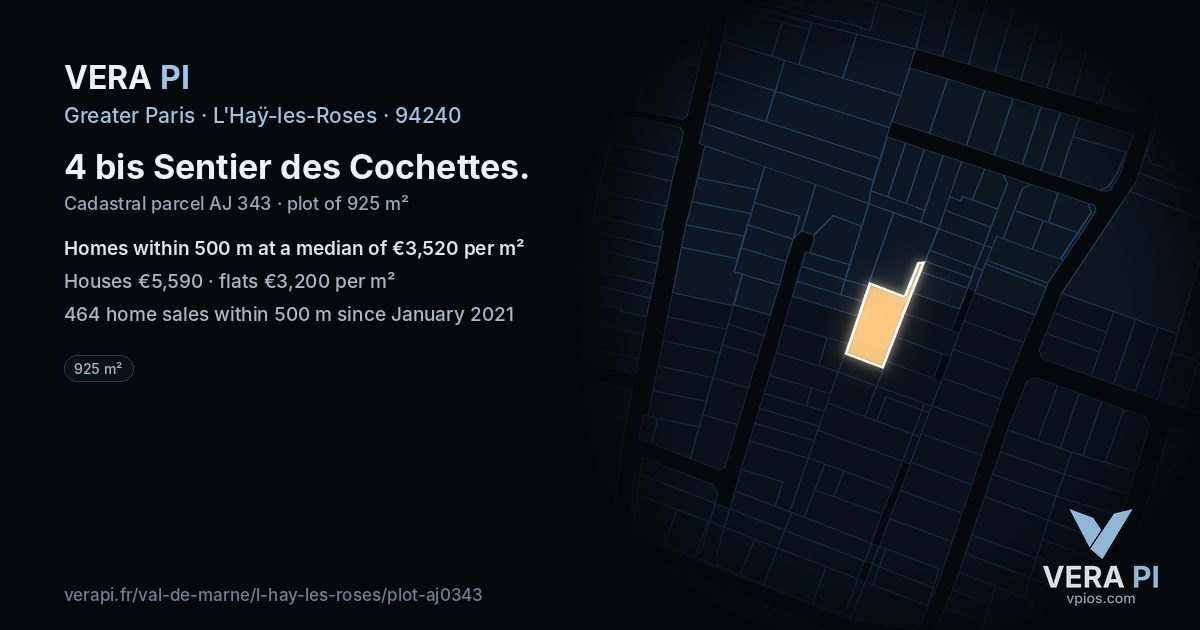 4 bis Sentier des Cochettes, L'Haÿ-les-Roses at night – the plot lit, the parcels around coloured by the prices near them