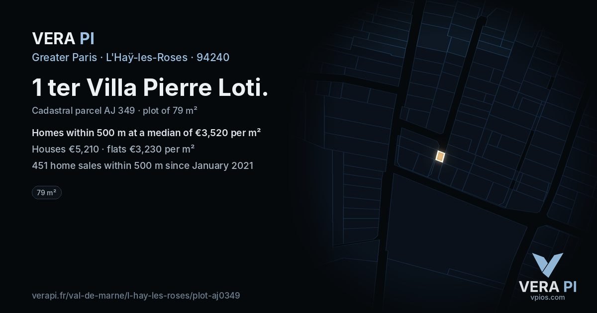 1 ter Villa Pierre Loti, L'Haÿ-les-Roses at night – the plot lit, the parcels around coloured by the prices near them