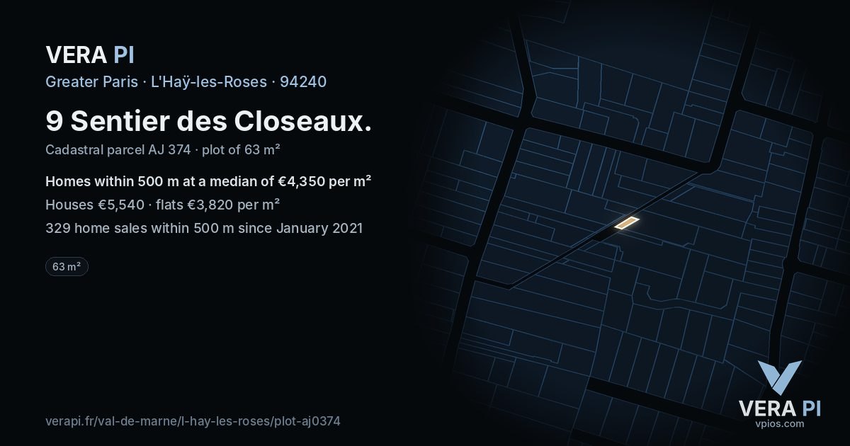 9 Sentier des Closeaux, L'Haÿ-les-Roses at night – the plot lit, the parcels around coloured by the prices near them