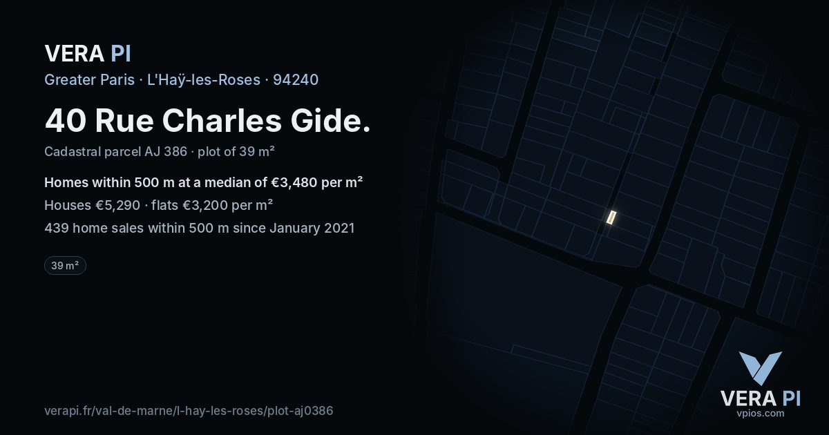 40 Rue Charles Gide, L'Haÿ-les-Roses at night – the plot lit, the parcels around coloured by the prices near them