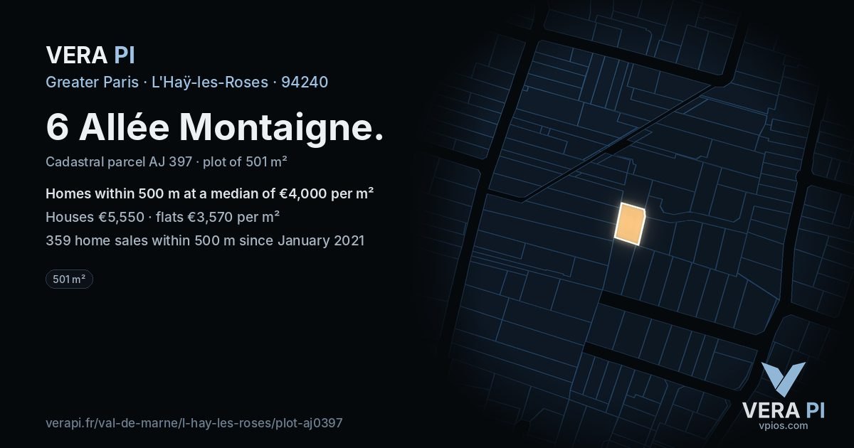 6 Allée Montaigne, L'Haÿ-les-Roses at night – the plot lit, the parcels around coloured by the prices near them