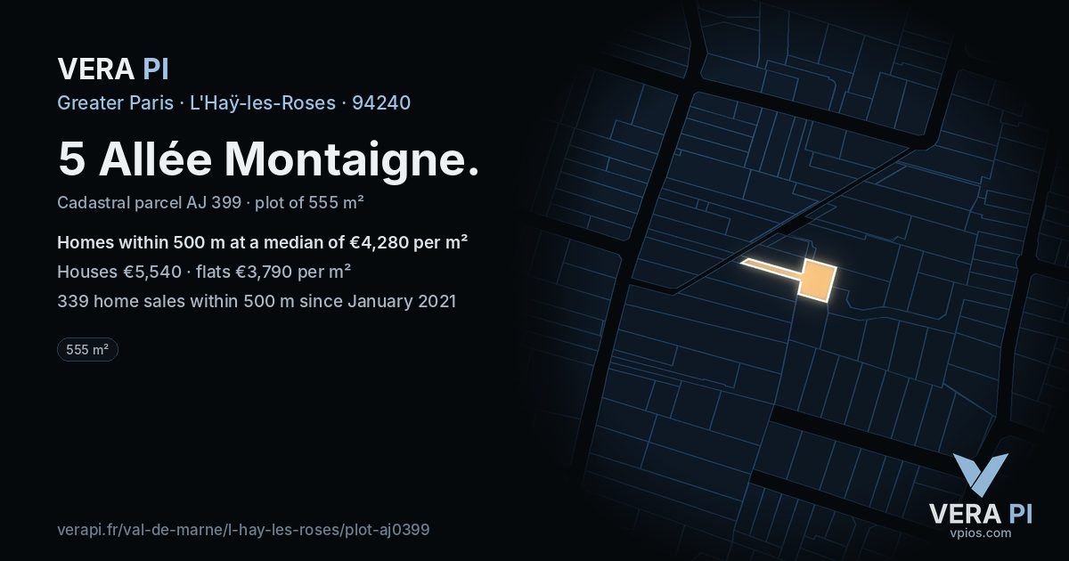 5 Allée Montaigne, L'Haÿ-les-Roses at night – the plot lit, the parcels around coloured by the prices near them