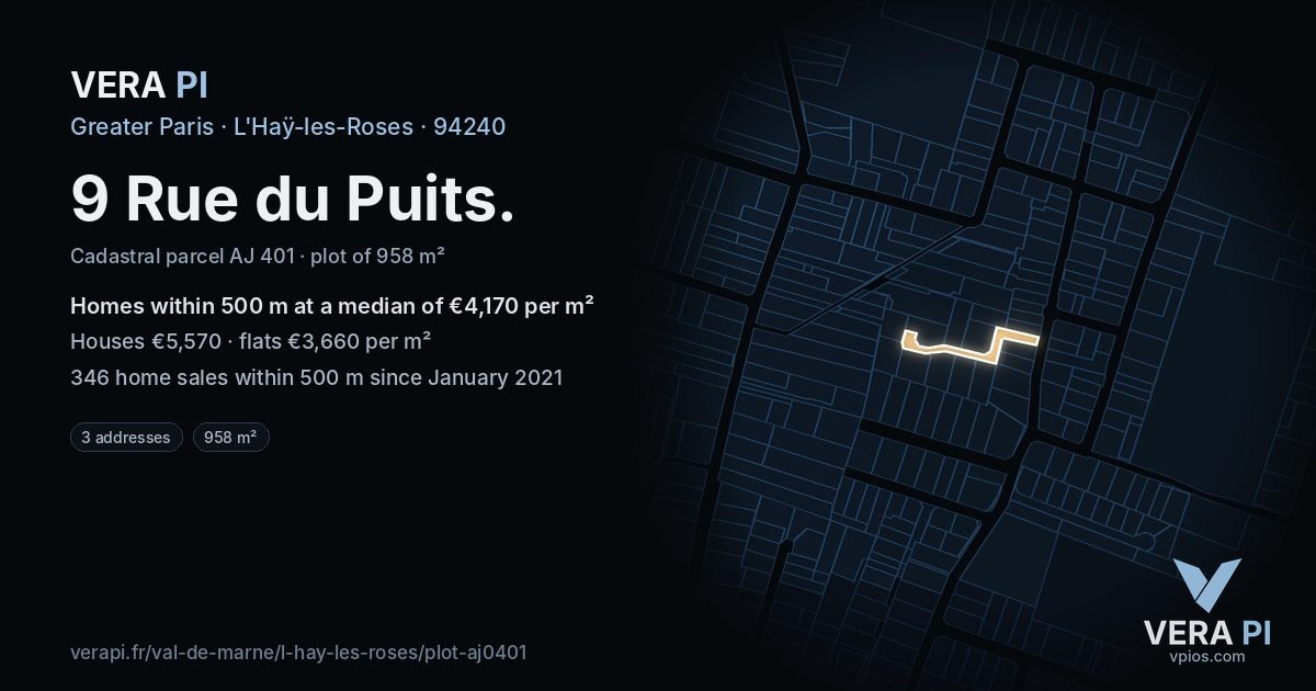 9 Rue du Puits, L'Haÿ-les-Roses at night – the plot lit, the parcels around coloured by the prices near them