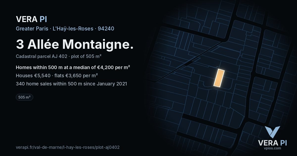3 Allée Montaigne, L'Haÿ-les-Roses at night – the plot lit, the parcels around coloured by the prices near them