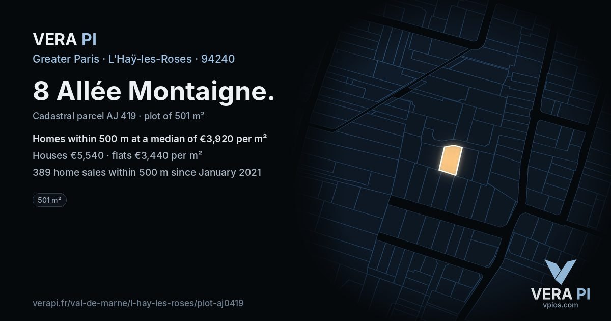 8 Allée Montaigne, L'Haÿ-les-Roses at night – the plot lit, the parcels around coloured by the prices near them