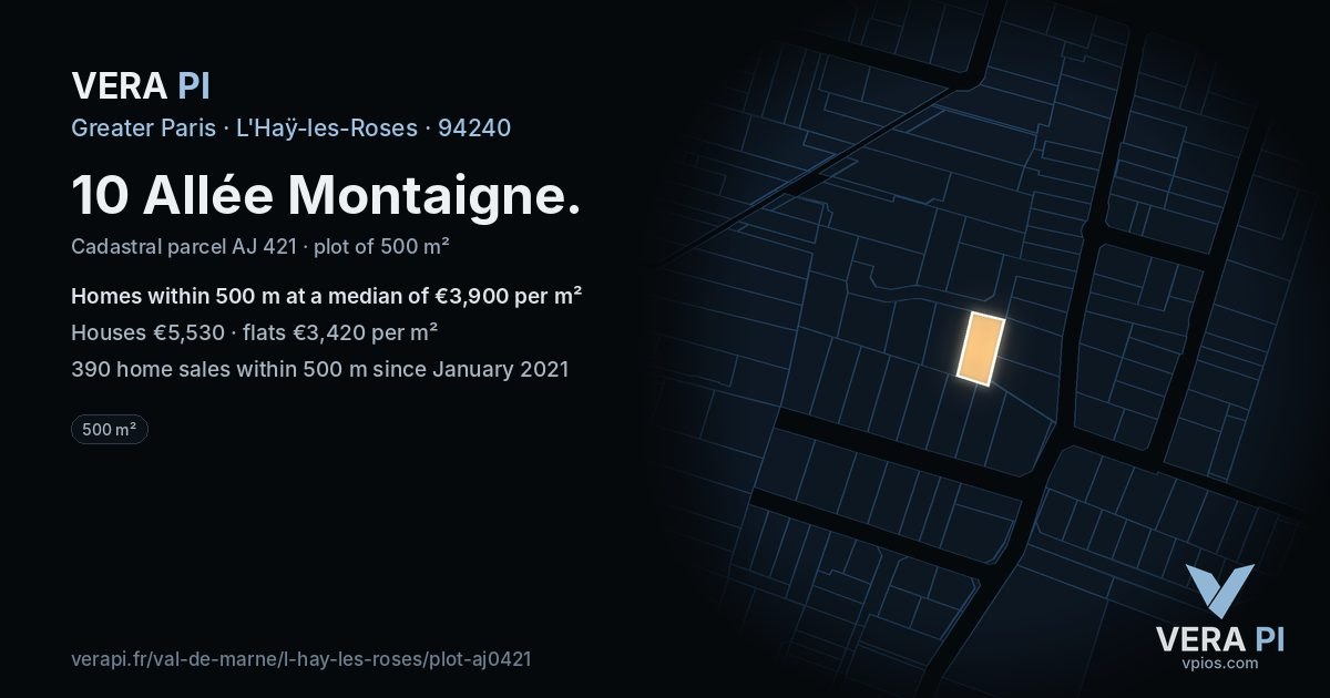 10 Allée Montaigne, L'Haÿ-les-Roses at night – the plot lit, the parcels around coloured by the prices near them