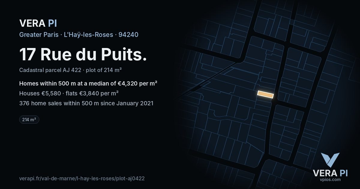 17 Rue du Puits, L'Haÿ-les-Roses at night – the plot lit, the parcels around coloured by the prices near them