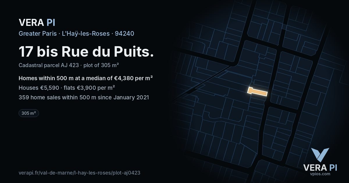 17 bis Rue du Puits, L'Haÿ-les-Roses at night – the plot lit, the parcels around coloured by the prices near them