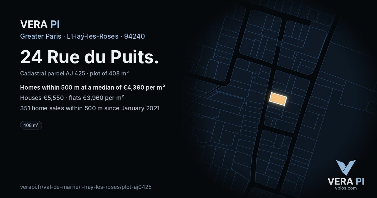 24 Rue du Puits, L'Haÿ-les-Roses at night – the plot lit, the parcels around coloured by the prices near them
