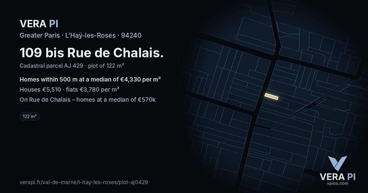 109 bis Rue de Chalais, L'Haÿ-les-Roses at night – the plot lit, the parcels around coloured by the prices near them