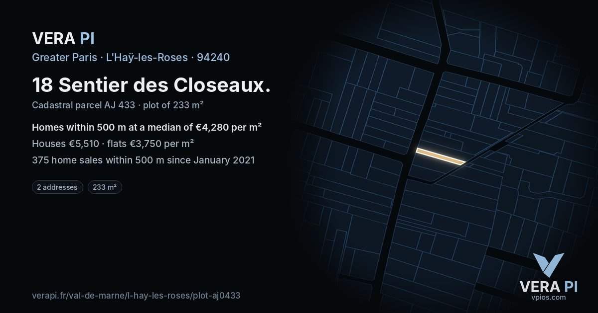 18 Sentier des Closeaux, L'Haÿ-les-Roses at night – the plot lit, the parcels around coloured by the prices near them
