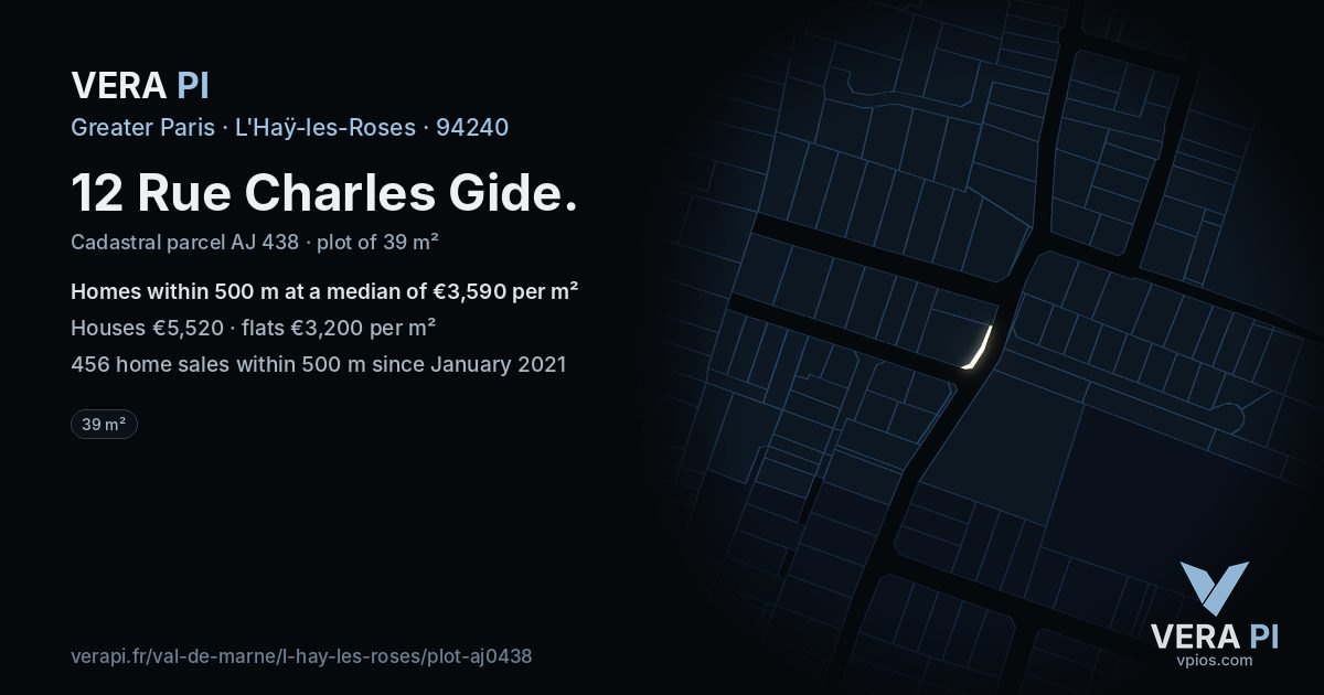 12 Rue Charles Gide, L'Haÿ-les-Roses at night – the plot lit, the parcels around coloured by the prices near them