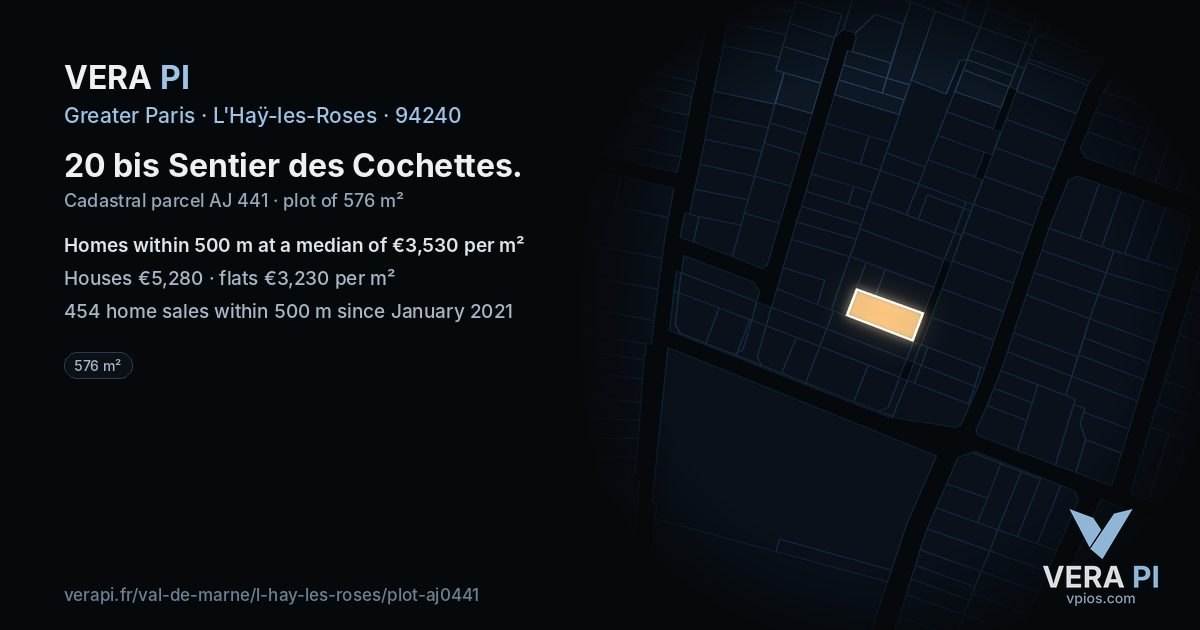 20 bis Sentier des Cochettes, L'Haÿ-les-Roses at night – the plot lit, the parcels around coloured by the prices near them