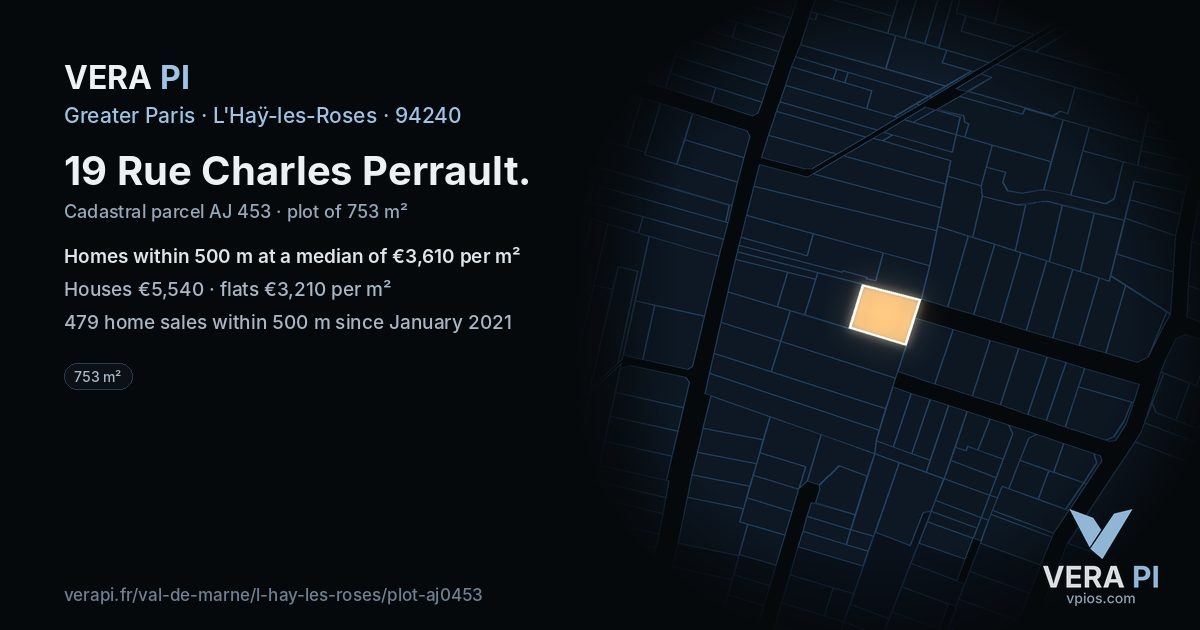 19 Rue Charles Perrault, L'Haÿ-les-Roses at night – the plot lit, the parcels around coloured by the prices near them