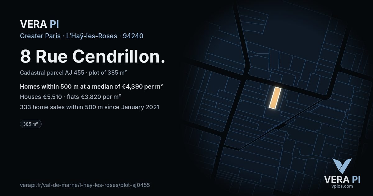 8 Rue Cendrillon, L'Haÿ-les-Roses at night – the plot lit, the parcels around coloured by the prices near them