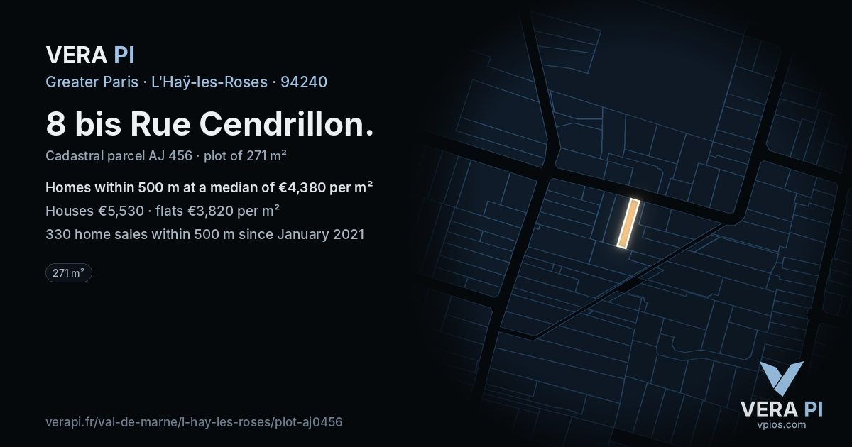 8 bis Rue Cendrillon, L'Haÿ-les-Roses at night – the plot lit, the parcels around coloured by the prices near them