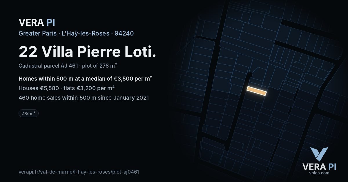 22 Villa Pierre Loti, L'Haÿ-les-Roses at night – the plot lit, the parcels around coloured by the prices near them
