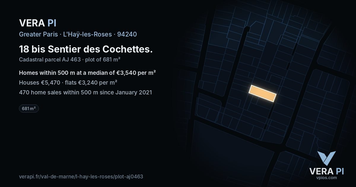 18 bis Sentier des Cochettes, L'Haÿ-les-Roses at night – the plot lit, the parcels around coloured by the prices near them