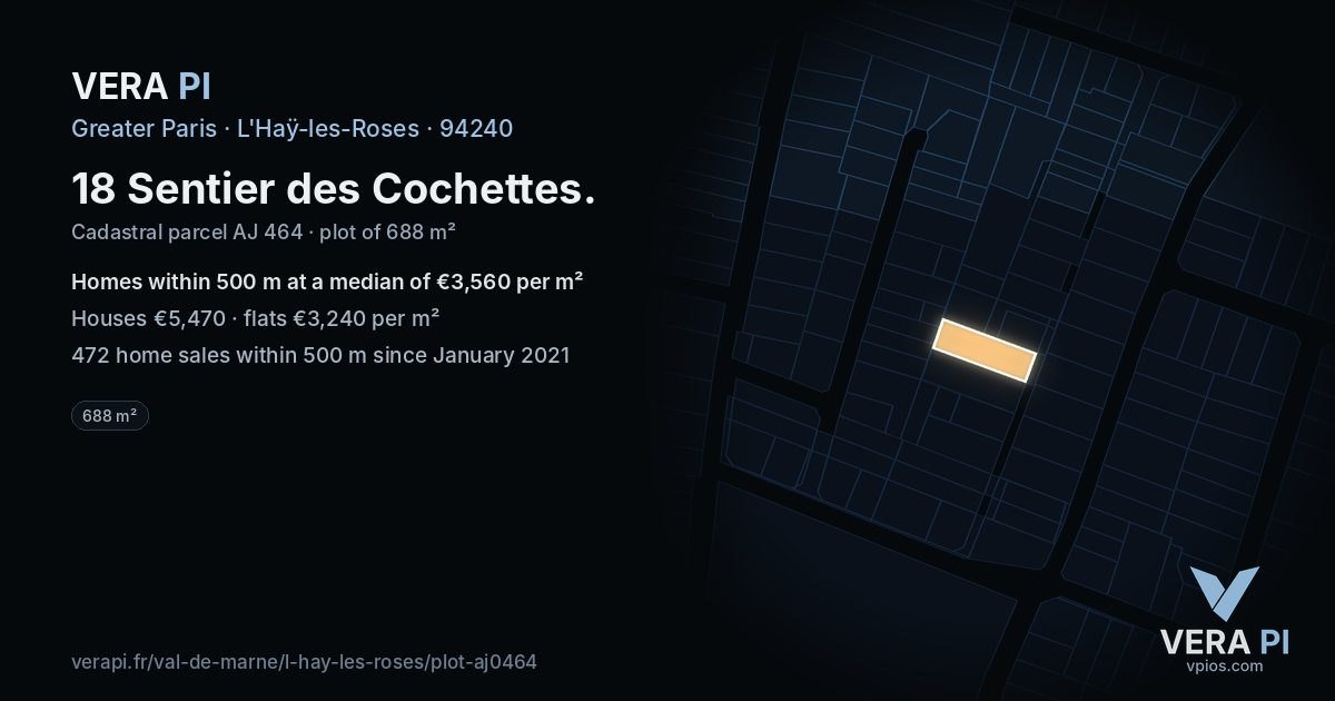 18 Sentier des Cochettes, L'Haÿ-les-Roses at night – the plot lit, the parcels around coloured by the prices near them