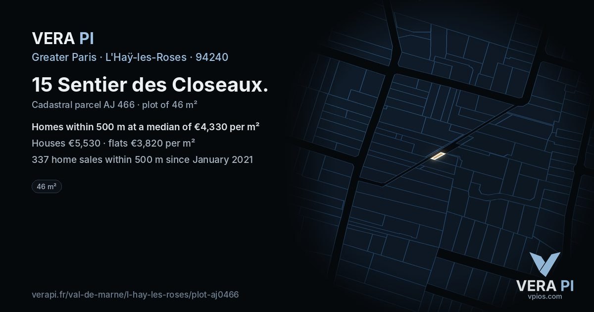 15 Sentier des Closeaux, L'Haÿ-les-Roses at night – the plot lit, the parcels around coloured by the prices near them