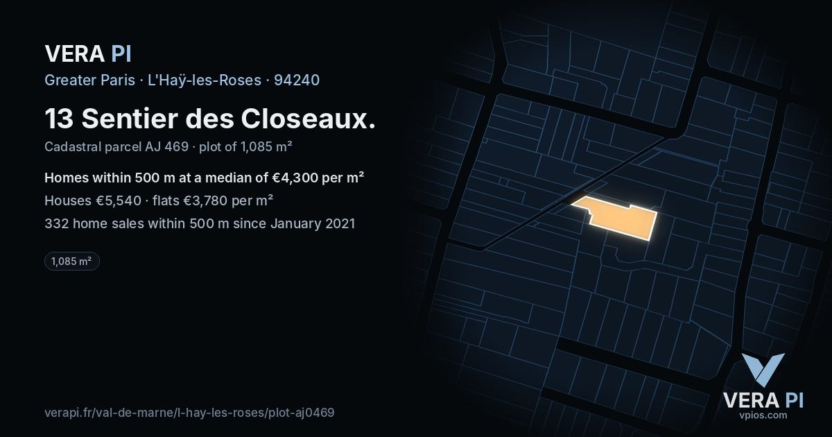 13 Sentier des Closeaux, L'Haÿ-les-Roses at night – the plot lit, the parcels around coloured by the prices near them