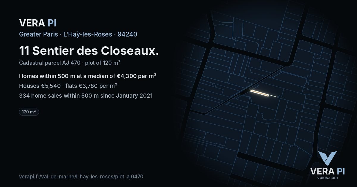 11 Sentier des Closeaux, L'Haÿ-les-Roses at night – the plot lit, the parcels around coloured by the prices near them