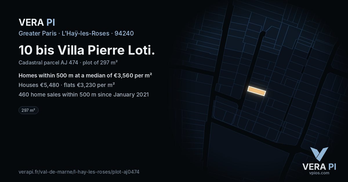 10 bis Villa Pierre Loti, L'Haÿ-les-Roses at night – the plot lit, the parcels around coloured by the prices near them