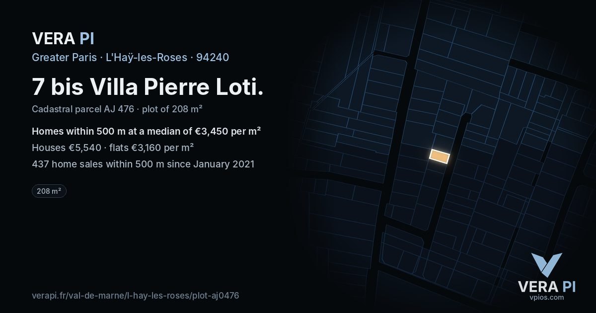 7 bis Villa Pierre Loti, L'Haÿ-les-Roses at night – the plot lit, the parcels around coloured by the prices near them