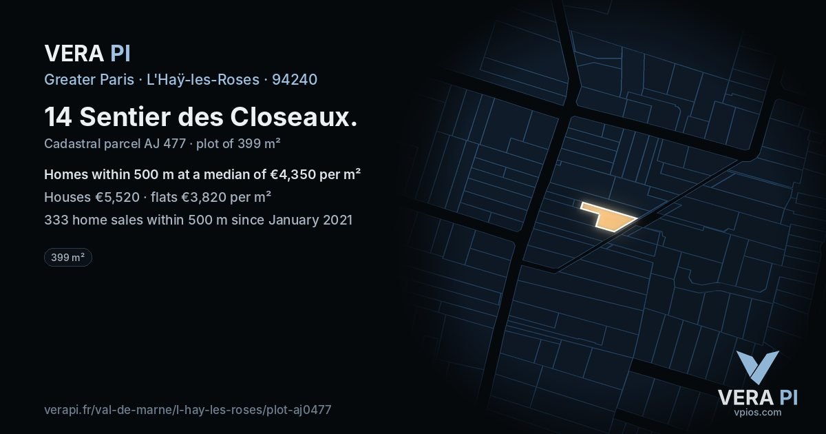 14 Sentier des Closeaux, L'Haÿ-les-Roses at night – the plot lit, the parcels around coloured by the prices near them