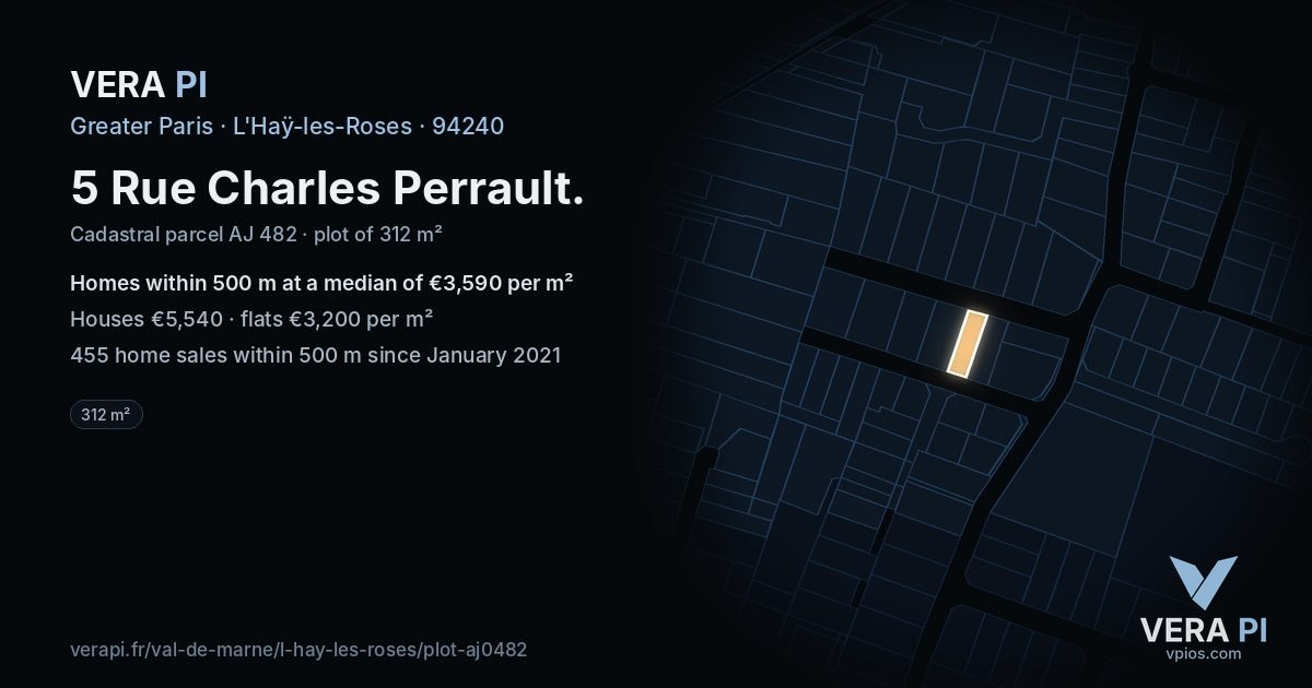 5 Rue Charles Perrault, L'Haÿ-les-Roses at night – the plot lit, the parcels around coloured by the prices near them