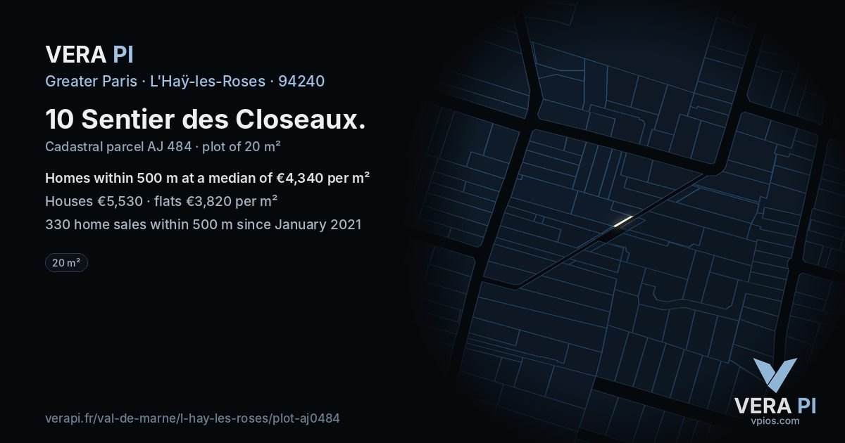 10 Sentier des Closeaux, L'Haÿ-les-Roses at night – the plot lit, the parcels around coloured by the prices near them