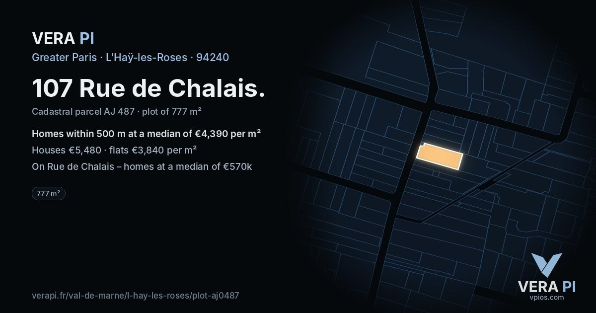 107 Rue de Chalais, L'Haÿ-les-Roses at night – the plot lit, the parcels around coloured by the prices near them