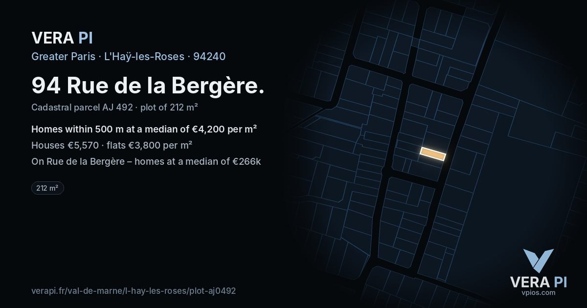 94 Rue de la Bergère, L'Haÿ-les-Roses at night – the plot lit, the parcels around coloured by the prices near them