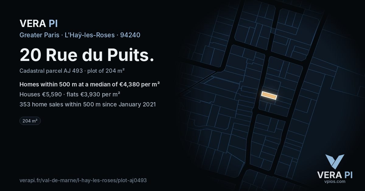 20 Rue du Puits, L'Haÿ-les-Roses at night – the plot lit, the parcels around coloured by the prices near them