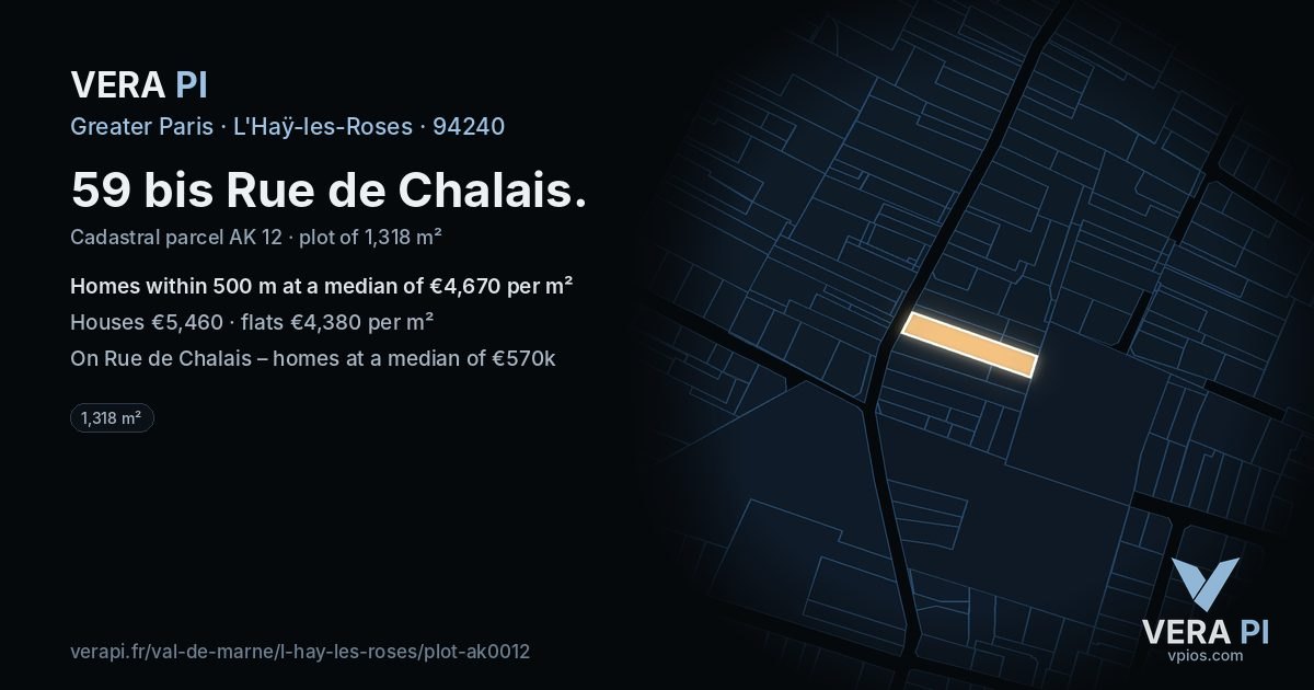 59 bis Rue de Chalais, L'Haÿ-les-Roses at night – the plot lit, the parcels around coloured by the prices near them