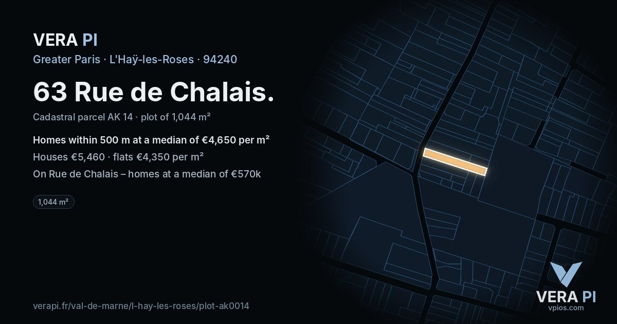63 Rue de Chalais, L'Haÿ-les-Roses at night – the plot lit, the parcels around coloured by the prices near them