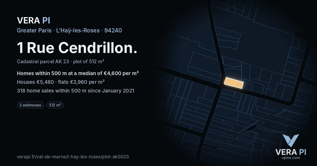 1 Rue Cendrillon, L'Haÿ-les-Roses at night – the plot lit, the parcels around coloured by the prices near them