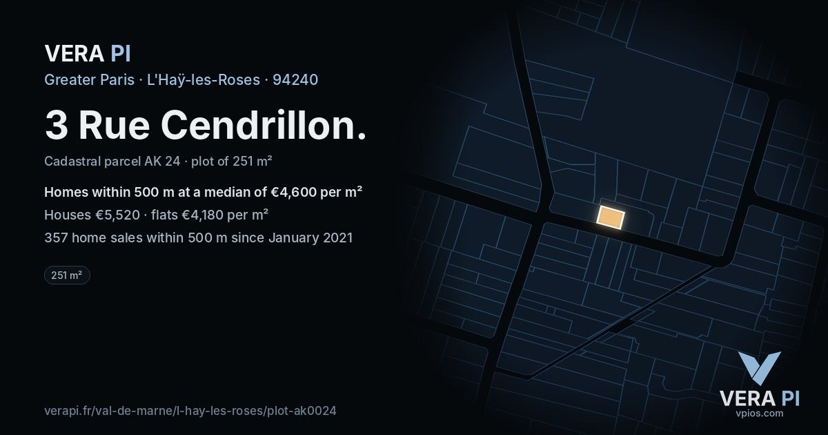 3 Rue Cendrillon, L'Haÿ-les-Roses at night – the plot lit, the parcels around coloured by the prices near them