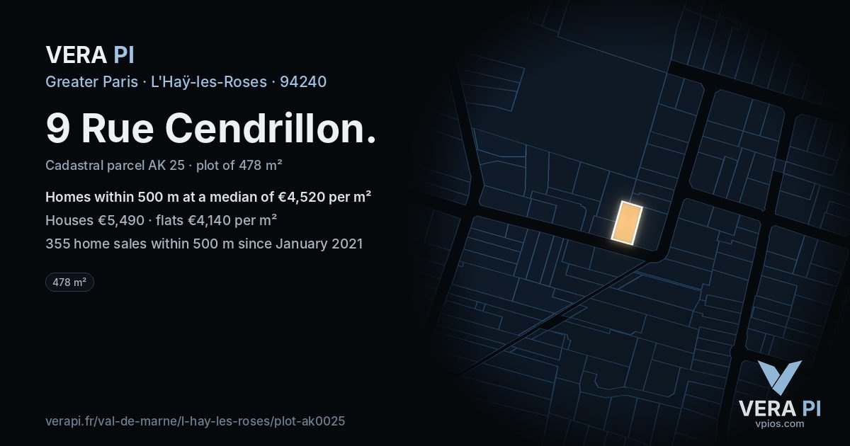 9 Rue Cendrillon, L'Haÿ-les-Roses at night – the plot lit, the parcels around coloured by the prices near them