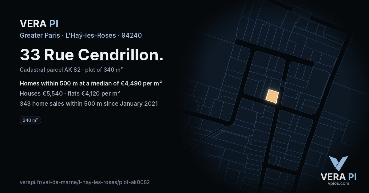 33 Rue Cendrillon, L'Haÿ-les-Roses at night – the plot lit, the parcels around coloured by the prices near them