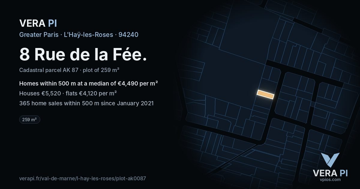 8 Rue de la Fée, L'Haÿ-les-Roses at night – the plot lit, the parcels around coloured by the prices near them