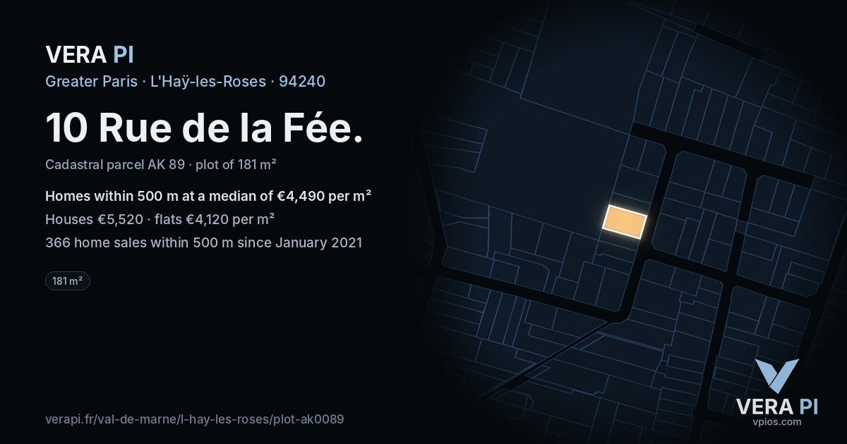 10 Rue de la Fée, L'Haÿ-les-Roses at night – the plot lit, the parcels around coloured by the prices near them