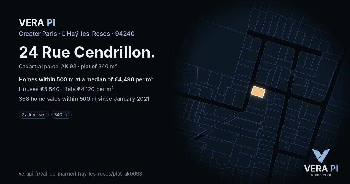 24 Rue Cendrillon, L'Haÿ-les-Roses at night – the plot lit, the parcels around coloured by the prices near them