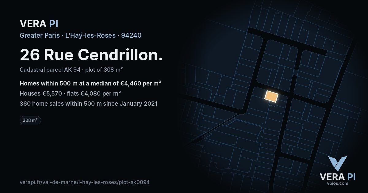 26 Rue Cendrillon, L'Haÿ-les-Roses at night – the plot lit, the parcels around coloured by the prices near them