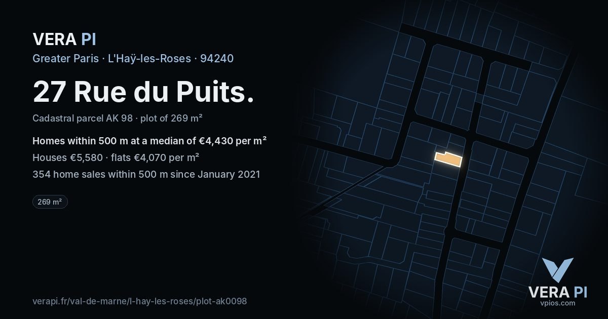 27 Rue du Puits, L'Haÿ-les-Roses at night – the plot lit, the parcels around coloured by the prices near them