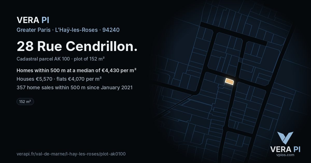 28 Rue Cendrillon, L'Haÿ-les-Roses at night – the plot lit, the parcels around coloured by the prices near them
