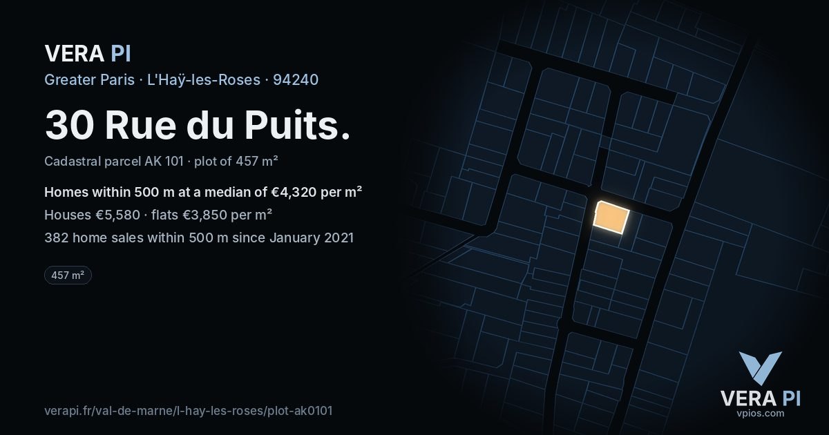 30 Rue du Puits, L'Haÿ-les-Roses at night – the plot lit, the parcels around coloured by the prices near them