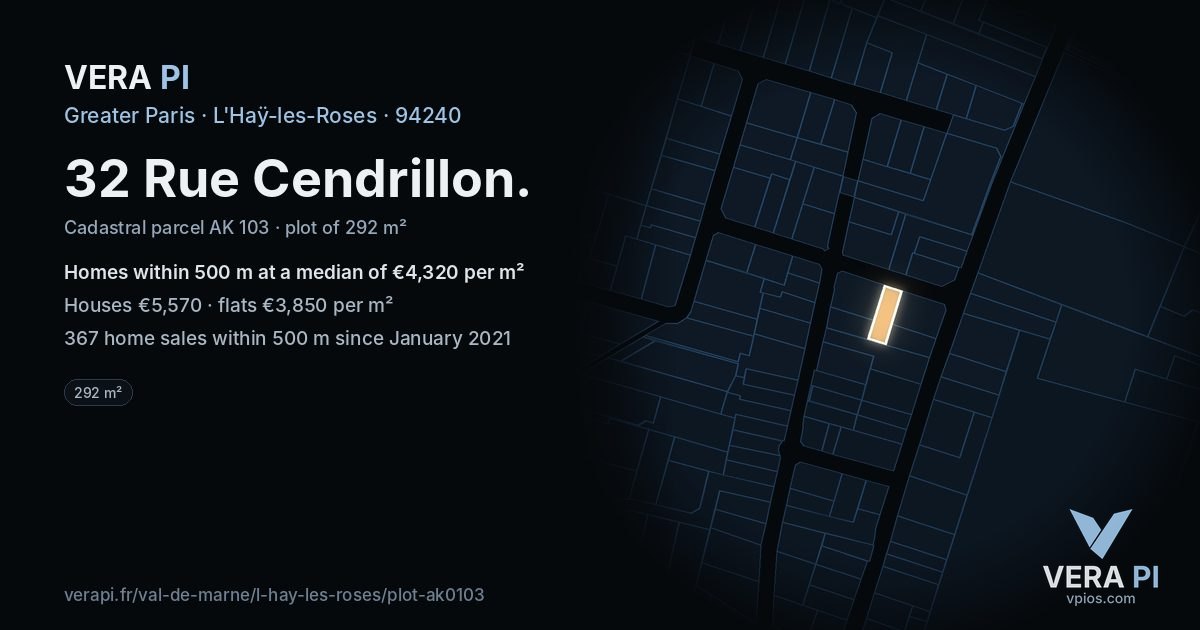 32 Rue Cendrillon, L'Haÿ-les-Roses at night – the plot lit, the parcels around coloured by the prices near them